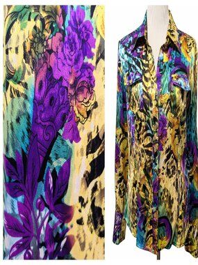 Vintage Cache Womens Sz L Psychedelic Abstract Silk Blend Snap Front Blouse Top